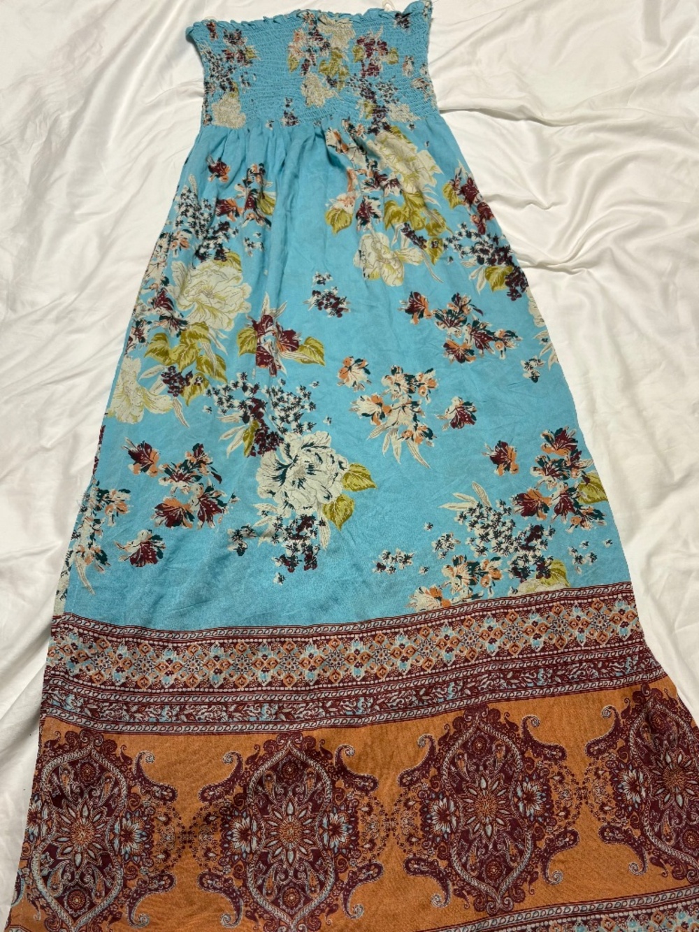 1999 VTG Y2K Angie Boho Floral Smocked Maxi Dress Sky Blue Orange Medium NWOT